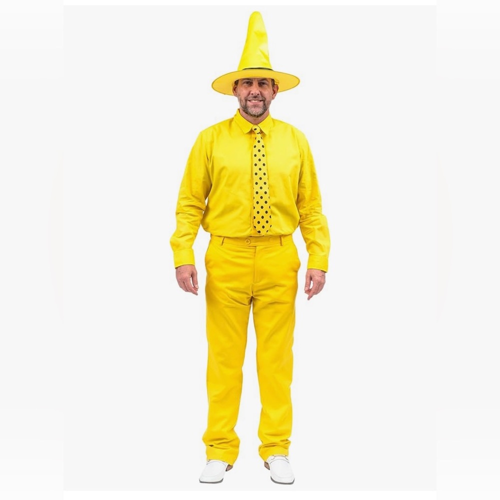 Men's Yellow Costume Suit with Polka Dot Tie and Pointed Hat